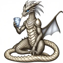 A dragonoid human with silver scales and large glasses along with a long, flexible tail