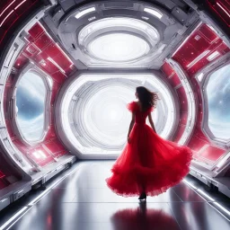 In the pulsating space station, a figure in a red frilly dress glides through a shining white corridor, with windows revealing the vast expanse of outer space. The outfit's fabric flutters around her like a crimson nebula, drawing the eyes of passersby. She exudes an ethereal beauty, a celestial being navigating the cosmic chaos with elegance and allure.