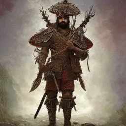 Insanely detailed photograph of an “ a mustachioed Spanish warrior ” with intricately detailed Sombrero, intricate armored charo,cigar,crossbow in hand, hyperdetailed painting by Ismail Inceoglu Huang Guangjian and Dan Witz CGSociety ZBrush Central fantasy art album cover art,8K, hdr, mysterious, flickeringlights ,Stoic