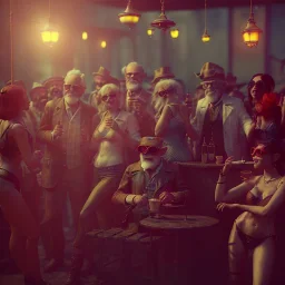 Realistic photo, medium shot view, old man, cabaret scene, steampunk. Women, Drunken, Sunglasses, smoking, happy, hot. Many people background, highly detailed, concept art, unreal engine 5, ray tracing, RTX, lumen lighting, ultra detail, volumetric lighting, 3d, finely drawn, high definition, high resolution.