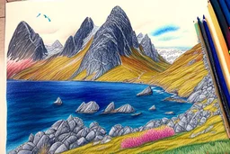 Colored pencil drawing, Very detailed, Drawing of the colorfull nature of Lofoten Island in Norway.