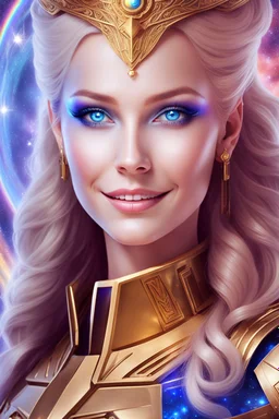 cosmic woman smile, admiral from the future, one fine whole face, crystalline skin, expressive blue eyes,rainbow, smiling lips, very nice smile, costume pleiadian, Beautiful tall woman pleiadian Galactic commander, ship, perfect datailed golden galactic suit, high rank, long blond hair, hand whit five perfect detailed finger, amazing big blue eyes, smilling mouth, high drfinition lips, cosmic happiness, bright colors, blue, pink, gold, jewels, realist, high commander