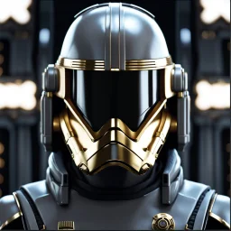 star wars bald male corellian pilot wearing pearlescent black and gunmetal grey First Order special forces heavy assault armor and helmet with gold trim inside the jedi temple, centered portrait, hyperdetailed, dynamic lighting, hyperdetailed background, 8k resolution, volumetric lighting, light skin, fully symmetric details