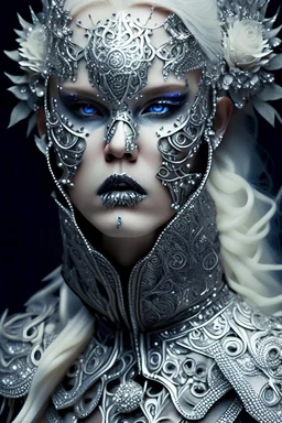 Beautiful faced young blond voidcore shamanism winter queen l woman, wearing silver goth punk metallic filigree floral face masque, ribbed with bioluminescense azurit stone adorned with winter vidcoreshamanis silver metallic diadem headress, wearing biomechanical amalgamation style leather jacket dress ribbed with silver floral metallic filigree biomechanical vantablack pattern, organic bio spinal ribbed detail of gothic winter snowy backround extremely detailed maximalist hyperrealistic portrai