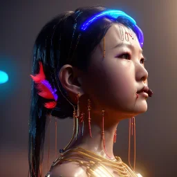 pretty thai cyber woman, cold ambient, latex, cables, purpurin, blood, black, gold, piercings, brown, decorative color feathers, circuits, neon style, a lot of led lights, fog, rain, vibrant color, highly detailed, art stations, concept art, smooth, unreal engine 5, god rays, ray tracing, RTX, lumen lighting, ultra detail, volumetric lighting, 3d, finely drawn, high definition, high resolution.