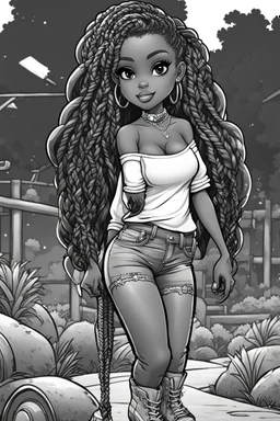 Create a black and white coloring page of a cartoon of a curvy African American chibi female wearing tight jeans and a off the shoulder blouse. She is also wearing timberland boots.. Highly detailed very long extremely braids of hair. Her skin is smooth and silky. Background of a track of ATV riders. No coloring, no shading, no grayscale,