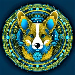 Blue and gold circle logo of a cute corgi dog made of circuit board pattern, fingerprint and neural network superimposed behind