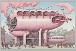 Album art by Gerald Scarfe, side view of a surreal english school shaped like a sausage machine with a mechanical crank, uniformed faceless students walk in one end and pink slime sausage strands are squeezed out the other end, surreal, digital art, sardonic, hyperdetailed, maximalist.