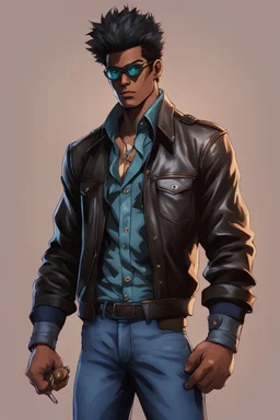 70s Blaxpliotation Man In A Button Up Shirt And Leather Jacket With Monster Collecting Powers,urbancore,after hours aesthetic,darkest academia style,gen x soft club style,Hunter X Hunter Style,Jojo Style,Street Fighter Style,Mortal Kombat Style, Tekken Style, Kof Style,2000s Cartoon Style,Killer Instinct Style,2000s Anime Style,Final Fantasy Style, Todd Mcfarlane Style,no more heroes style,mike mignola style
