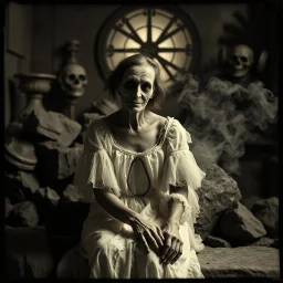 photo, 1920 horror movieshot, sitting, eaging, rocks, very odd objects in background, Ades, stunning photo, persone con sorriso falso e occhi, Charon, tenebroso, macabro, marcio, interno museo, fiotti di liquido nero che zampillano, hypermaximalist, strangeness, sundial light, odd, intricate, Lawrence Alma-Tadema style, albero, hypnotic, very accentuated details of the dress and skin, eerily mysterious, artistic photo, shot on Hasselblad, sadness, follia, smoke, daguerrotype