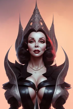 Joan Collins as evil queen in black leather, leather, busty, cleavage, angry, stern look. character design by cory loftis, fenghua zhong, ryohei hase, ismail inceoglu and ruan jia. unreal engine 5, artistic lighting, highly detailed, photorealistic, fantasy