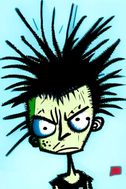 2d drawing of a stickman, cool with punk hair, just woke up, eyes are sleepy, half closed ,3d realistic in colour