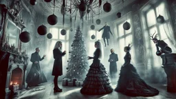 stunning weird goth christmas holiday in vintage goth room 1 xmas tree with black and silver balls decoration, beauty unique victorian goth style clothes women and men talking and dancing each other in tall victorian castle room, ghosts, demons, dark colors, high detalied, sharp focus, high texture, dark fantasy style , surreal vibe