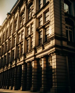 facade of huge building in the city, close-up, real photography, photojournalism, 16K, shot with Leica camera, 35 mm lens, warm light between shadows