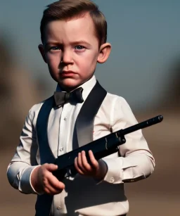 James bond toddler, full body, gun, car, dramatic lighting, hyper realistic