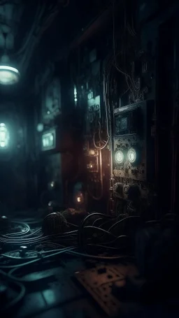 Si-Fi, The permanent under atmospheric lighting effects, intricate historical moody atmosphere, eerie grimdark ambiance, complex motherboard accents, speculative fiction art. Bokeh