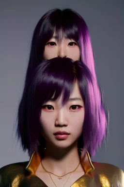 Young asian woman, barbarian character, purple hair, gold eyes, gold jewelry,fog, rain, leather, vibrant color, highly detailed, art stations, concept art, smooth, unreal engine 5, god rays, ray tracing, RTX, lumen lighting, ultra detail, volumetric lighting, 3d, finely drawn, high definition, high resolution.