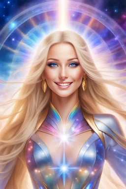 cosmic woman smile,beautiufos rainbow, admiral from the future, galactic confédération, fine whole face, crystalline skin, expressive blue eyes,rainbow, smiling lips, very nice smile, costume pleiadian, Beautiful tall woman pleiadian Galactic commander, ship, perfect datailed golden galactic suit, high rank, long blond hair, hand whit five perfect detailed finger, amazing big blue eyes, smilling mouth, high drfinition lips, cosmic happiness, bright colors, blue, pink, gold, jewels, realist,