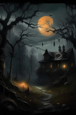 Halloween night landscape painting, darkened forest under a moonlit sky, ghosts and jack-o-lanterns glowing among the bare trees, an abandoned house on a distant hill, hints of mystery and the supernatural in the shadows --v 5.2