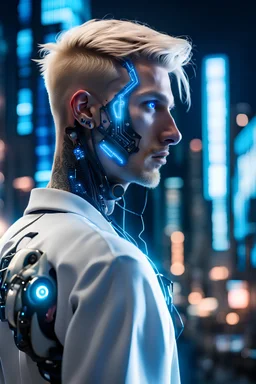 Man with Blonde Hair, small face tattoo, glowing blue cybernetic eye, black right cybernetic arm, white open coat, cyber body, hacker, night, metropolis background, high detail, 4k, small cables protruding from the back