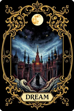 in center stunning deep colors and gold alcolhol ink tarot card (9:10 ratio) with 1 full moon and weird fantasy cityscape, inscription at the bottom, text:"DREAM", dark sky, strars, occult forces, sharp focus, beautiful ornamentic frames on card, detalied, fantasy, black background