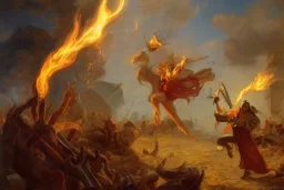 Priest smites demon with fire, armies battling in the background, romanticism.