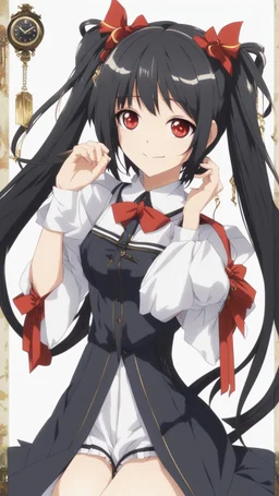 Tokisaki Kurumi appears to be elegant and has very polite manners, ivory skin and long, evil smile, crazy smile, black hair usually tied in long twin tails, deferent Eyes colors, right eye is red-tinted color, left eye appears as a golden color, inorganic clock face, a girl with astonishing beauty, wearing her astral black and red dress 'Elohim', left golden eye, intricate details, highly detailed