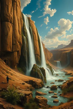 Hieronymus Bosch Style high quality picture waterfall in the desert