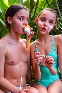 two young natural teenage girls with dad in a swimsuit in a bed in the jungle. eating a lollypop. cute. sharing icypole. icecream on face. old man