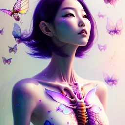  Asian woman, leaning pose, pink short hair, latex suit, Gradient background, style <Yoji Shinkawa>, Bones, watercolor illustration by <agnes cecile> butterflies everywhere, skulls, centipede, insects, nest, octopus, fly, squid, Dryad, plants, wildflower, intricate detail , rusty metal, ominous, portrait, high lighting,