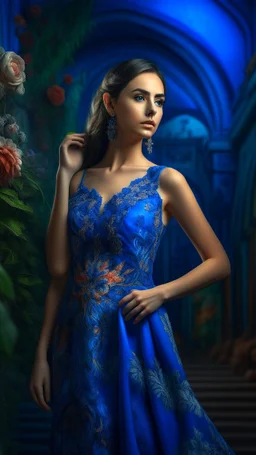 a beautiful woman in blue floral maxi, intricate details, HDR, beautifully shot, hyperrealistic, sharp focus, 64 megapixels, perfect composition, high contrast, cinematic, atmospheric, moody detailed matte painting, deep color, fantastical, intricate detail,