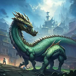 town on top of hill, dragon