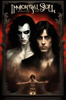 Movie Poster -- "Immortal Soul," Starring Paul Stanley as the evil vampire and Timothee Chalamet as Malcolm Stark - After witnessing the murder of his wife, at the hands of an evil vampire, he vows to avenge her death - in the art style of Boris Vallejo, Frank Frazetta, Julie bell, Caravaggio, Rembrandt, Michelangelo, Picasso, Gilbert Stuart, Gerald Brom, Thomas Kinkade, Neal Adams, Jim Lee, Sanjulian, Thomas Kinkade, Jim Lee,