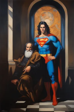 Oil on canvas, chiaroscuro, deep shadows, fairytale, 16th century masterpiece, rich deep colors, highly detailed portrait Superman, long black hair, blue eyes, slight smile, Boris Vallejo, Frank Frazetta, Julie bell, Caravaggio, Rembrandt, Michelangelo, Picasso, Gilbert Stuart, Gerald Brom, Jim Lee, Alex Ross, Dorian Vallejo, Stan Lee Lunar Display, northern lights, glowing, beautiful, Boris Vallejo, Frank Frazetta, Julie bell, Caravaggio, Rembrandt, Michelangelo, Picasso, Gilbert Stuart, Gerald