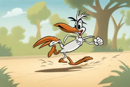 road runner running towards the right side, leaving behind a cloud of dust. style of looney toons cartoon