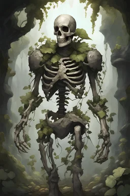 Skeleton, living skeleton, undead, stone gauntlets, fungal growths, walking, stone armor, medieval, vines holding together limbs, vine tendons, animated by plants, wearing stone armor, different plants growing out of chest and head, reinforced by vines, dense, fully armored
