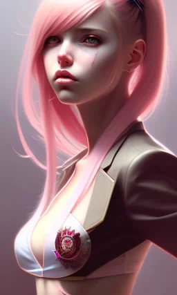 girl, cute, beautiful, pink hair, brown eyes, pigtails, bangs, knife in hand, blood on face, by Greg Rutkowski, big boobs, blazer, yandere