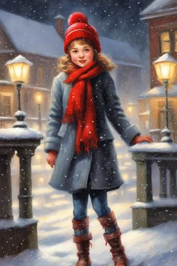 Painting of a cute girl in a red hat and scarf, snowfall in the background, bright night, by Thomas Kinkade