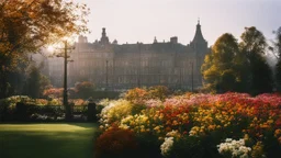 1997. calm beauty, splendour, uplifting, inspiring, gentle, year 1950, cityscape, urban, autumn, gardens, flowers, sunlight, rule of thirds, therapeutic, spiritual, chiaroscuro, colour, award-winning colour photograph, Nikon 85mm