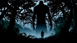 gigantic monster's shadow(silhouette) in the dark forest, far distance, realistic horror, realistic art, lovecarft style art, night sky