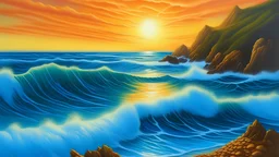imagine : A mesmerizing ocean view with waves gently rolling onto a rocky shore, reflecting the vibrant blue hues of the water, set against a backdrop of majestic cliffs and a golden sunset, creating a serene and peaceful atmosphere, Painting, acrylic on canvas, focusing on intricate details of the waves and coastal landscape, --ar 16:9 --v 5