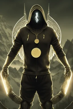 running berserker portrait , no face, black jogging suite , in the night Alps , holding coins , angels background, volumetric gold light, high detail, dark leaf tree, dark mountains in background, perfect, HR Giger style