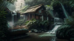 primitiv house by a big water falls in a karstic rain forest