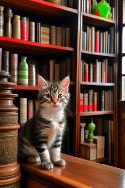 Kitten in apothecary with bookshelf in background