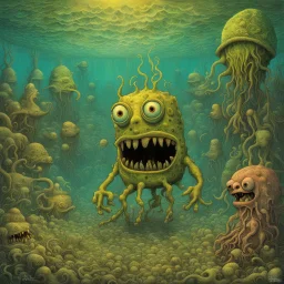 Surreal mutant decayed SpongeBob Squarepants monstrosity, 'he lives in a nightmare under the sea', alternate zombie SpongeBob, by Zdzislaw Beksinski, by Jack Davis, by Jack Yerka, sinister unnatural comix underwater landscape, horror art, creepy eerie dystopian.