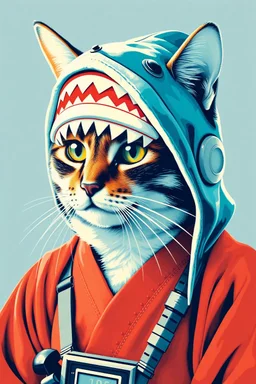 cat with shark mask hat solana starwars droid japanese style in the style of warhol
