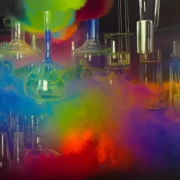 inside factory of colors. smoke rises from multi-colored glassware. color swatches in the background. hyperdetailed, warm colors, detailed painting, photorelistic, oil on canvas, light dust, futuristic. volumetric lighting