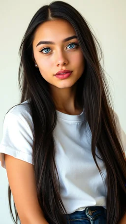 portrait of an very pretty 19 year old woman with long black hair and blue eyes wearing a large white teeshirt