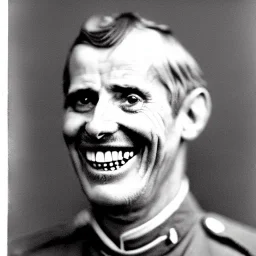 a portrait of a mentally ill man with a few teeth, smiling