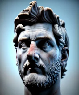 Ultra Realistic image, roman sculpture, marble deluxe material, Lionel Messi, circle crown, miguel angel style, chisel style, emperador, waist up portrait, cinematic lighting, God light, god rays, 4k resolution, smooth details, ornate details, soft lighting, unreal engine 5, sky background.